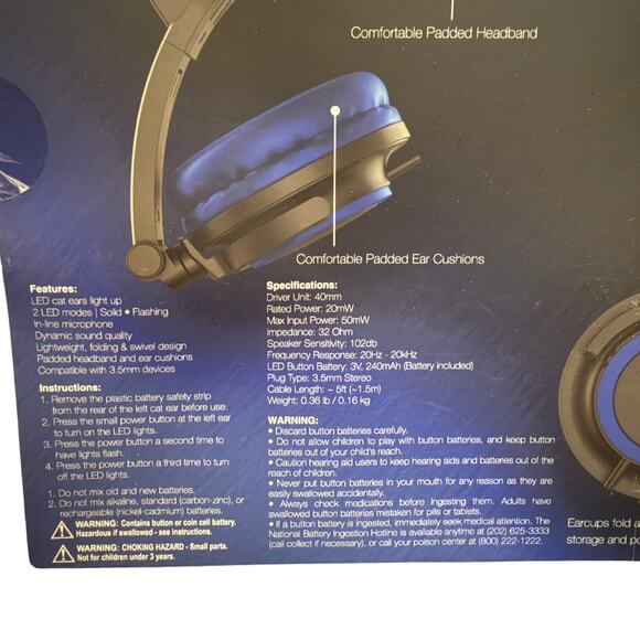 Hype Cat Ears LED Headphones with Mic Blue Light Up Over Ear Foldable - Picture 3 of 3